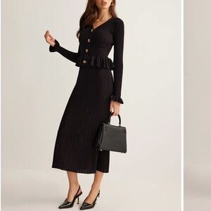 Commense Black Ribbed Midi Dress with Peplum Cardigan